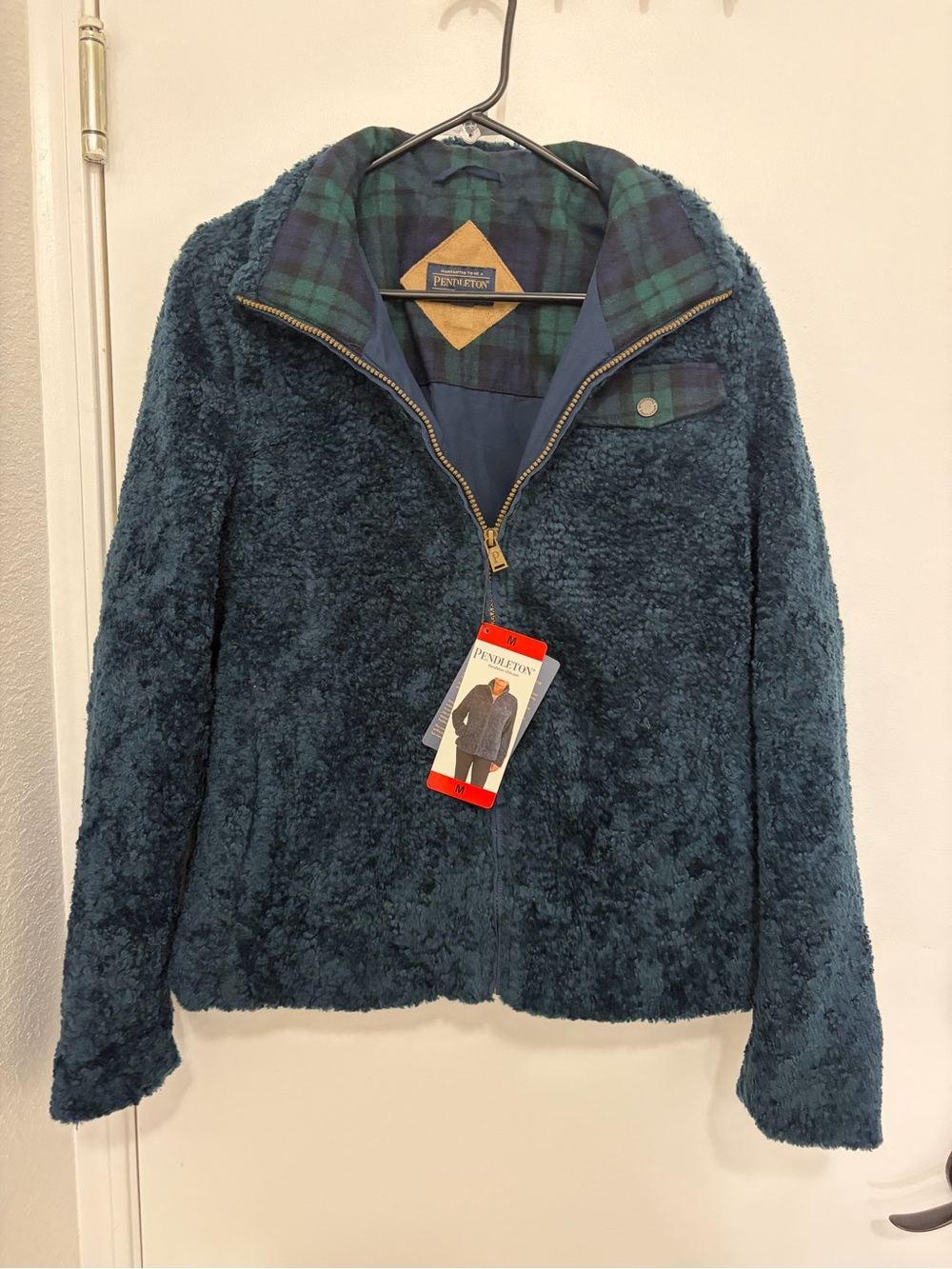 Pendleton blue and Teal Plush Sherpa Zip Jacket with Plaid Trim